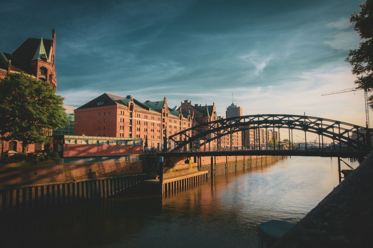 Historic Speicherstadt warehouses at sunset in Hamburg, Germany